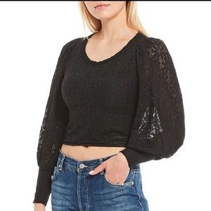 NWT Free People Black Long Puff Sleeve Lace Crop Top